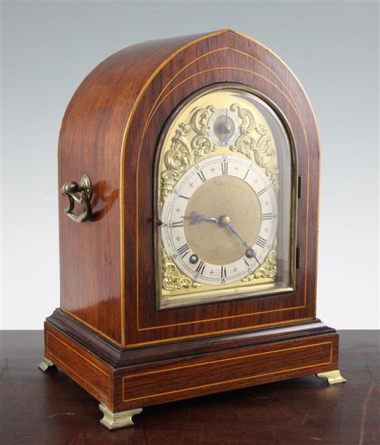An Edwardian inlaid rosewood mantel clock, 12.5in.